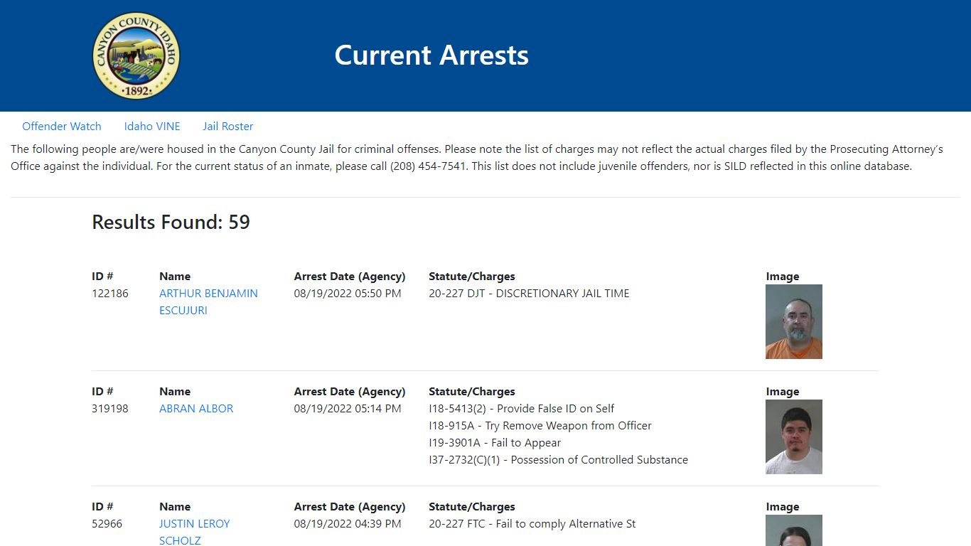 Current Arrests - Canyon County, Idaho